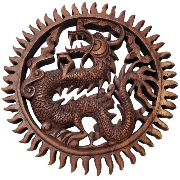 Other - Wooden Carved Dragon Round Wall Decor, Approx. 10"